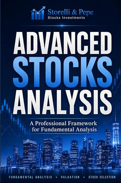 Book cover for 'Advanced Stocks Analysis' by Storelli & Pepe Stocks Investments, featuring a dark blue background with a city skyline at the bottom and large white and blue title text.